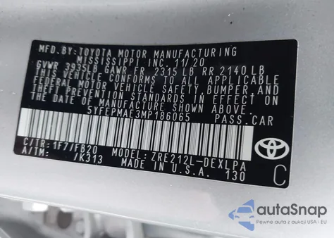 2021 Toyota Corolla Le z USA, uszkodzony, nr VIN 5YFEPMAE3MP186065